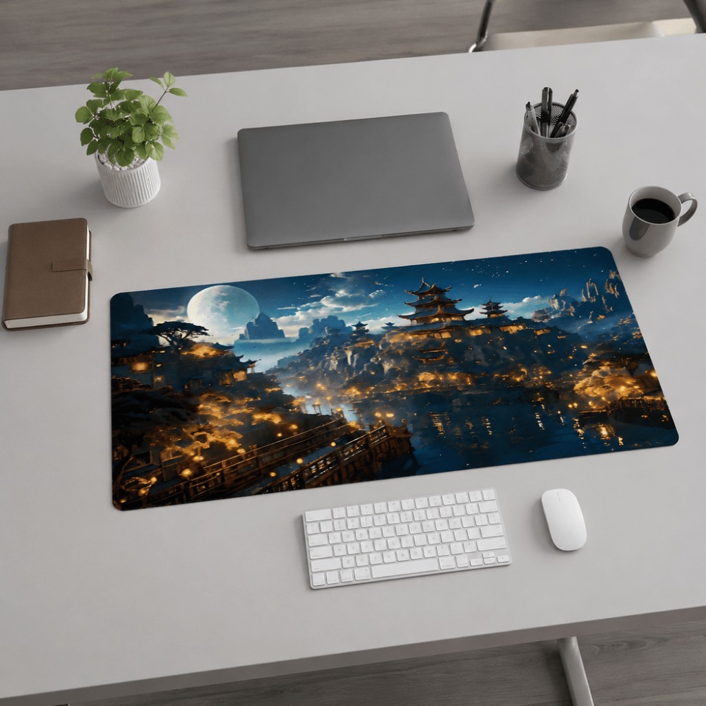 Desk Setup Simple - Orijinal fantezi gece şehri ay desenli